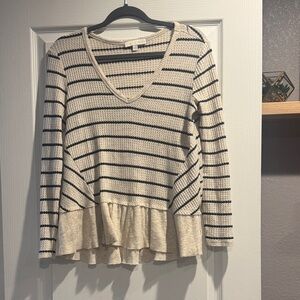 Elegant Striped V-Neck Peplum Top - Cream and Black